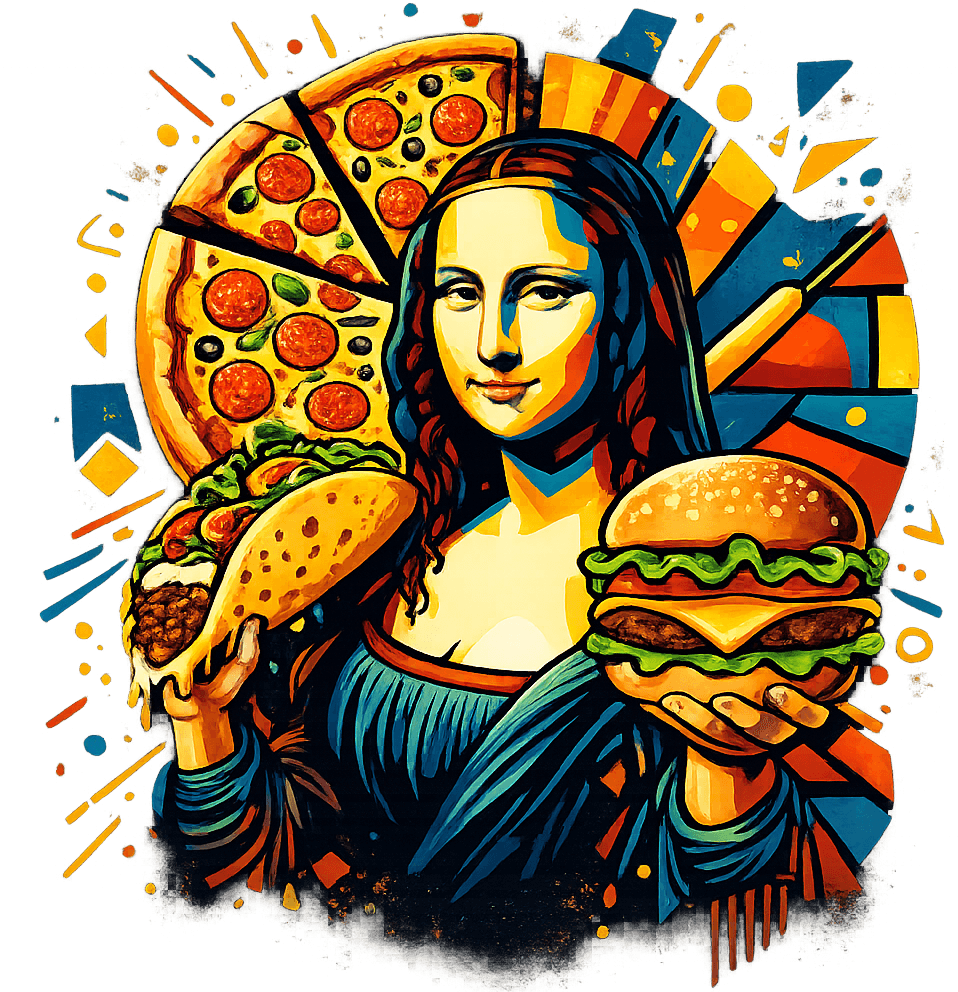Mona Lisa inspired food illustration with pizza, taco and burger